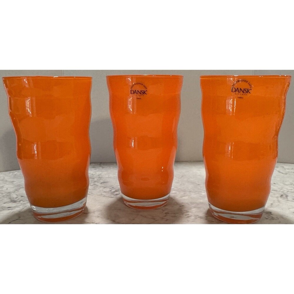 Set of 3 Dansk Glass Tumblers Rio Orange Wavy Rippled 6" Tall